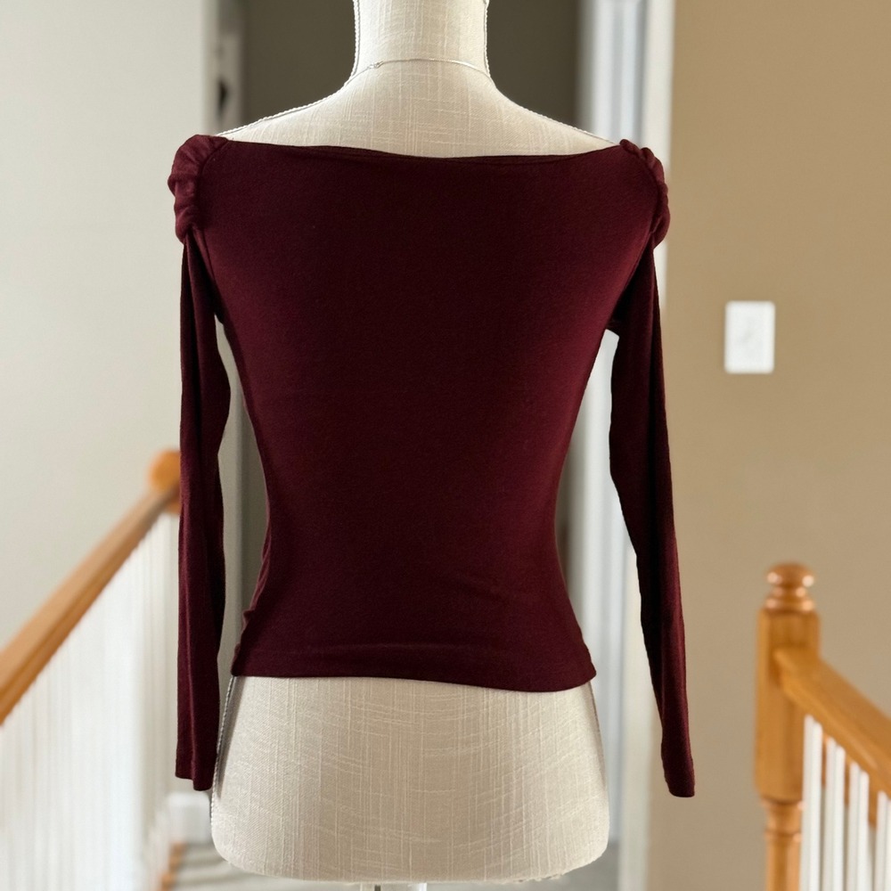 OGL Womens Off Shoulder Long Sleeve Brami Top Built-In Bra Burgundy Wine XS - Picture 5 of 10